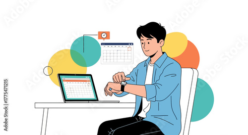 Young Man Working On Laptop Checking Time While Planning His Work Schedule At The Office