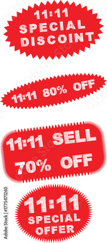 11.11 Sale Red Labels Set – Special Discount, Offer, and Price Tag Badges for Mega Shopping Event Promotion