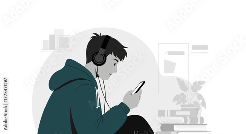 Young Person Listening To Music With Headphones And Checking The Smartphone In Monochrome Style