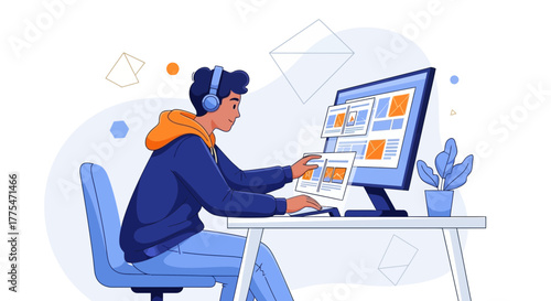 Young Professional Designing on Computer Creating Digital Content in Vibrant Style