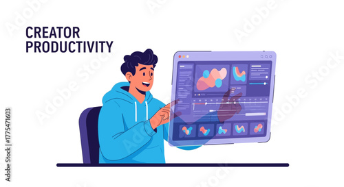 Young Professional Working On a Futuristic Touchscreen Display to Enhance Productivity Workflow