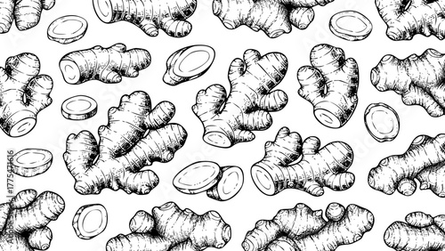 Wooden Engraving Ginger in White Background