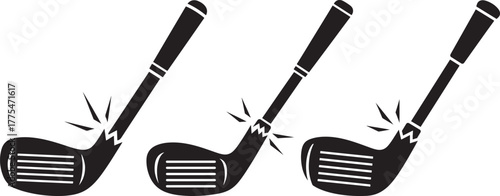 Three black golf club silhouettes with white stripes and spark details