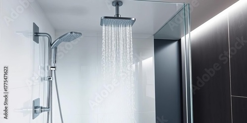 Modern minimalist shower stall with rainfall showerhead, sleek fixtures, white, tile