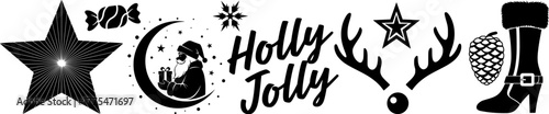 Holly jolly festive christmas elements collection with stars ornament candy cane and stocking for cheerful holiday celebration design
