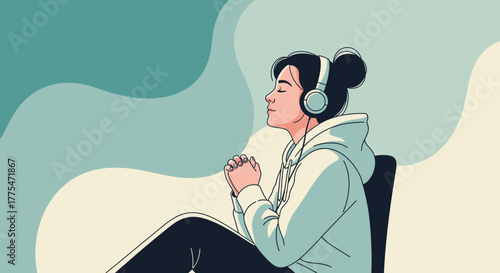 Woman With Headphones Meditating in Peaceful State, Enjoying Serene Calmness