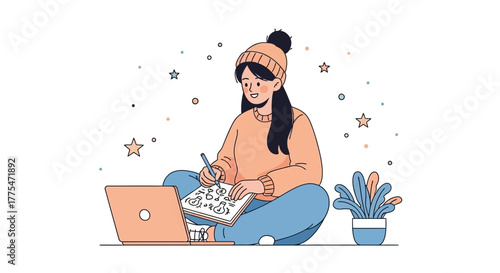 Woman Working Concept Illustration: Creative Ideas And Focused Design Process Visualization