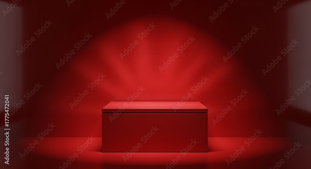 Obraz premium Empty red pedestal illuminated by a spotlight in a dark room