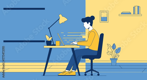 Woman Working From Home Using Laptop, Modern Workplace, Illustration Style, Office