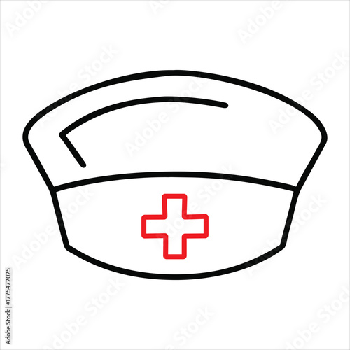 Simple line drawing of a nurse s cap with a red cross symbol front and center