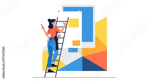 Woman Working on a Abstract Geometric Design, Creative Process and Illustration