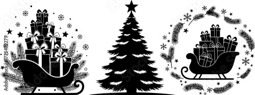 Christmas silhouette with santa sleigh gifts decorated tree and reindeer sleigh creating magical holiday scenes

