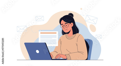 Woman Working On Laptop, Conceptual Illustration Depicting Digital Communication and Tasks