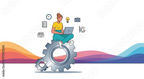 Woman Working on Laptop Sitting on Gear Illustrated with Business and Creative Icons