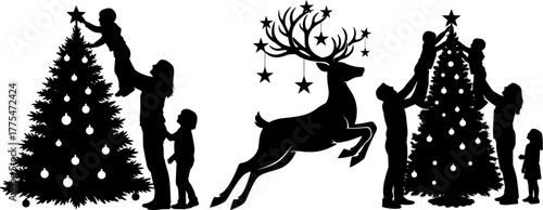 Magical christmas scene silhouette with children decorating tree leaping reindeer and family celebrating festive holiday moments
