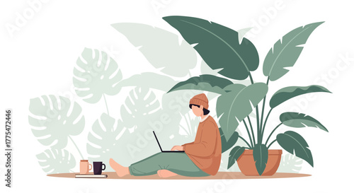 Working Comfortably Amidst Lively Foliage: Illustrative Depiction for Modern Content Creation