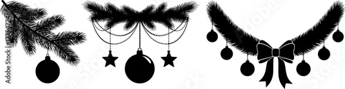 Christmas garland swag decorations collection with pine branches ornaments and hanging baubles for festive holiday design
