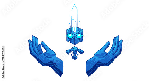 Digital hands cradling a glowing blue AI core, symbolizing advanced technology, data protection, and the future of artificial intelligence development.