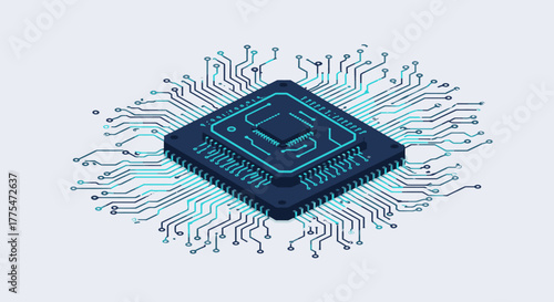 An intricate isometric illustration of a dark blue computer chip with glowing electric blue circuit board connections, symbolizing advanced digital technology and artificial intelligence.