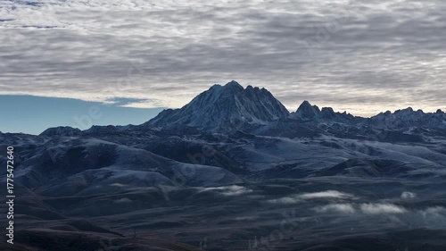 Panning Aerial Hyperlapse of Yala Snow Mountain in Morning Light Sichuan, China