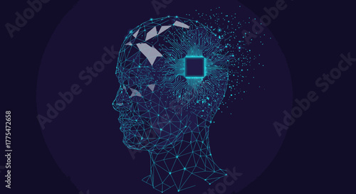 A futuristic digital human head, intricately composed of glowing network connections, integrates a prominent microchip, symbolizing artificial intelligence and advanced computing.