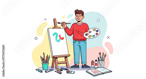 Young Artist Creating Colorful Strokes on Canvas With The Palette and Brush