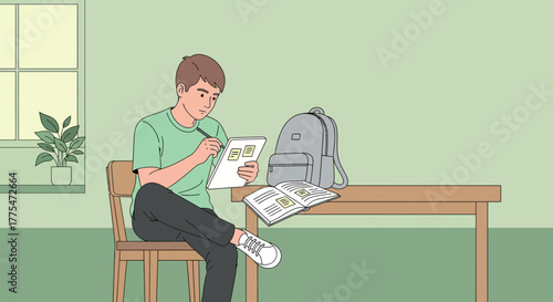 Young Adult Studying, Note Taking, and Planning in a Bright Room, Focused and Concentrated