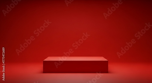 Minimalist red stage pedestal with soft lighting and gradient background