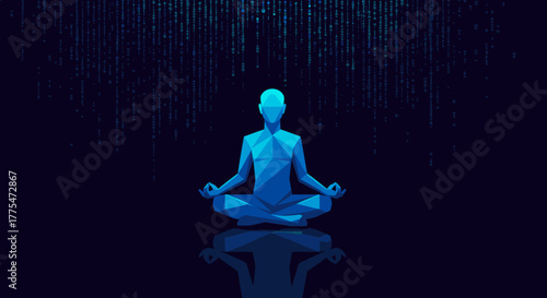 A serene polygonal figure meditates amidst a digital downpour, symbolizing the fusion of human consciousness and advanced technology in a futuristic world.