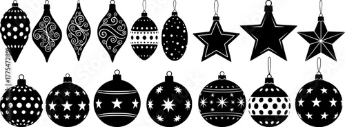 Beautiful christmas ornaments collection featuring stars and baubles with various decorative patterns dots stripes and snowflakes