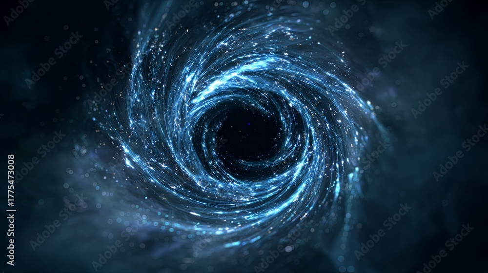 Fototapeta premium Glowing blue stellar energy spirals into a dark central void in deep space