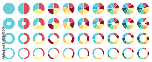 Circle pie chart icons set in different style and color. Process cycle. Pie charts diagrams. 1, 2, 3, 4, 5, 6 ,7, 8, 9, 10 sections or steps. Vector illustration on white background.