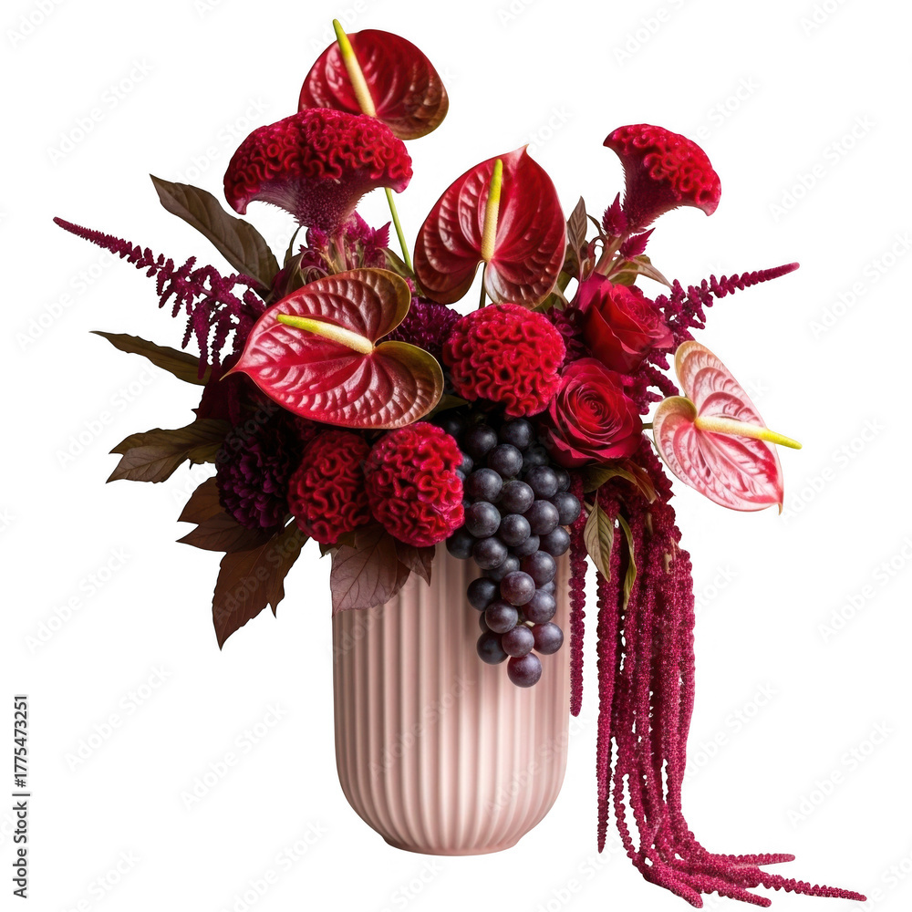 Naklejka premium Elegant red anthurium and rose floral arrangement in a textured vase isolated on transparent background