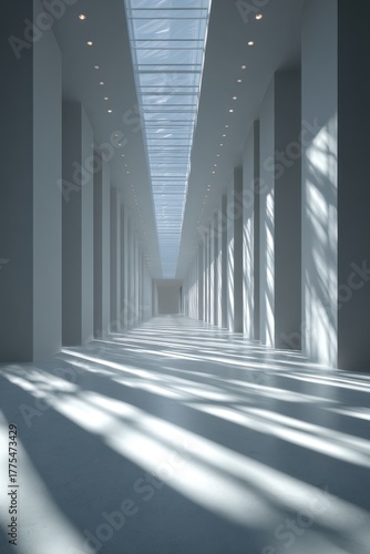 Modern minimalist architecture featuring long hallway with natural light and symmetrical design,National Energy Conservation
