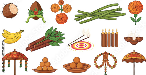 Traditional Indian Festival Elements and Offerings Collection.