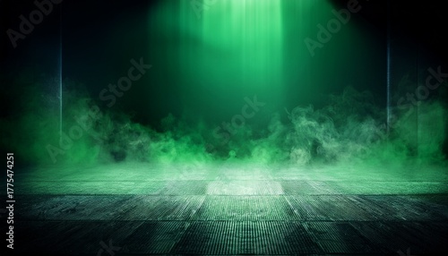 dark studio floor green lights smoky background product display