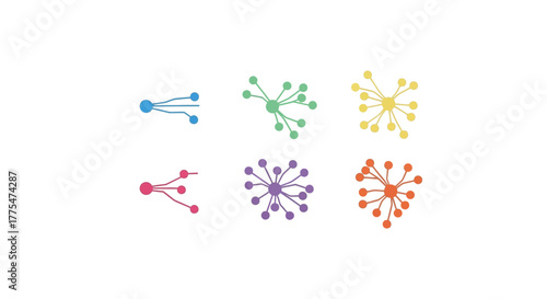 Six colorful abstract network diagrams illustrating various connection patterns and data relationships on a white background.