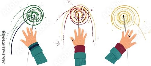 Three hands interacting with abstract swirling particle trails.