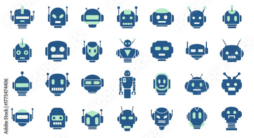 A collection of diverse robot head icons and one full robot body, rendered in a flat, two-tone blue and green style.