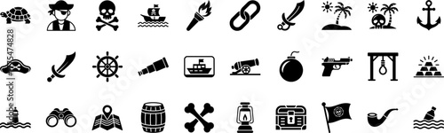 Pirate Adventure Icon Set. Tortoise, Pirate Ship, Cannon, Sword, Treasure, Skull, Map, Anchor & More, Black Silhouettes