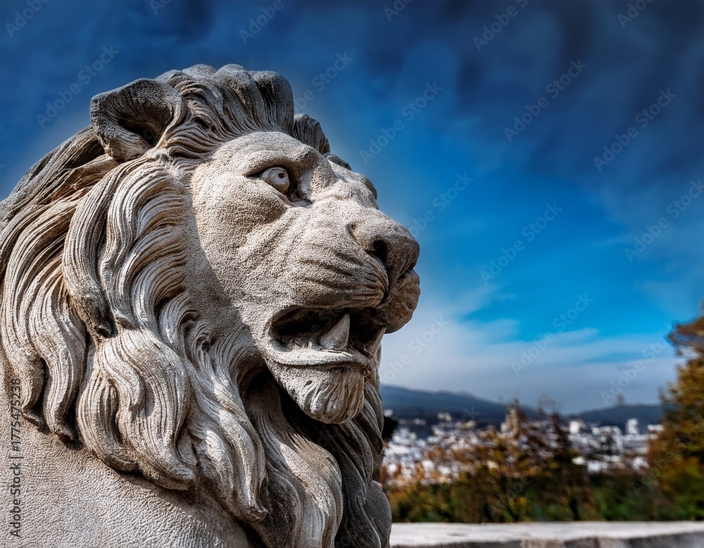 Naklejka premium close up view of a detailed stone lion sculpture with an aggressive expression
