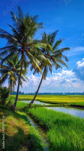 Tropical landscape with palm trees, rice paddies, and blue sky