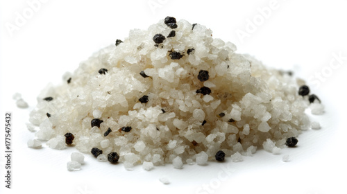 A minimalist pack shot of a small pile of coarse sea salt mixed with tiny black truffle pieces. Isolated on a seamless solid white background. Gourmet seasoning.