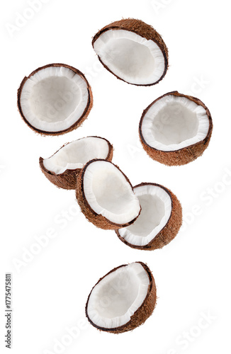 Beautifully retouched coconut halves falling through space. Isolated on white.