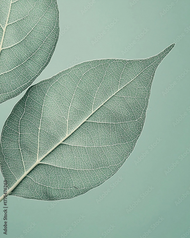 Obraz premium Close-Up Of Sage Green Leaves With Intricate Veins On Soft Gradient Background, Texture, Nature, Minimal