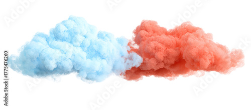 Two fluffy cotton candy clouds blue and pink isolated on transparent background