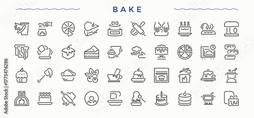 Bake icon set. Perfect for logos and infographic. Bake icon. Contains outline symbols like bakery, pastry, kitchen, cafe, sweet, bakery, food and more.