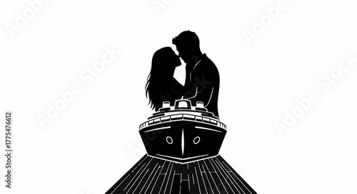 Romantic couple silhouetted against a cruise ship, symbolizing a shared journey of love and adventure.