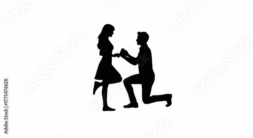 Man proposes to woman on one knee, offering a ring, symbolizing love and commitment.