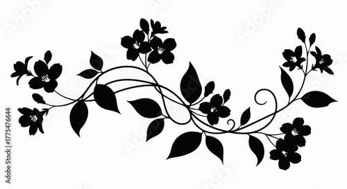 Elegant black silhouette of delicate flowers and swirling vines, a graceful decorative flourish.
